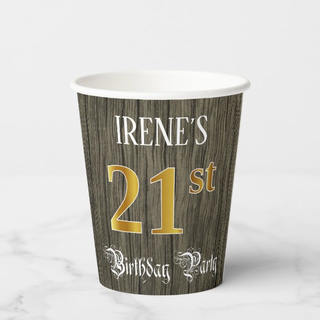 21st Birthday Party — Faux Gold & Faux Wood Looks Paper Cups (Back)