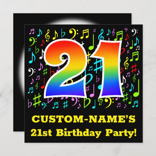 21st Birthday Party: Fun Music Symbols, Rainbow 21 Invitation (Front/Back)