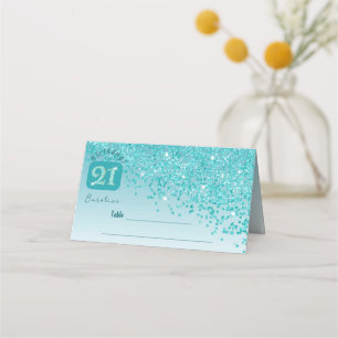 21st Birthday Party Glam Teal Blue Glitter Place Card