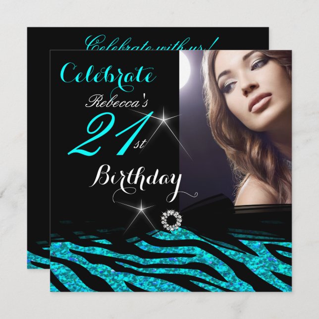 21st Birthday Party Glitter Teal Blue Zebra 4a Invitation (Front/Back)