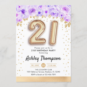 21st Birthday Party - Gold Balloons Purple Invitation