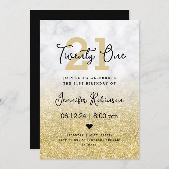 21st Birthday Party Gold Glitter Marble Invitation (Front/Back)