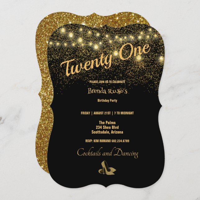 21st Birthday Party Gold Glitter Stilettos Birthda Invitation (Front/Back)