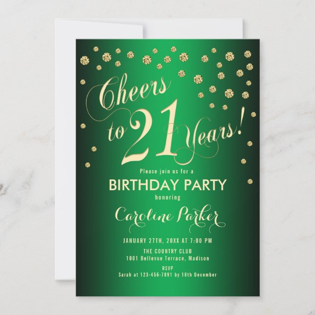 21st Birthday Party - Gold Green Invitation (Front)