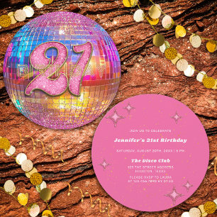 21st Birthday Party Gold Pink Glitter Disco Ball Invitation