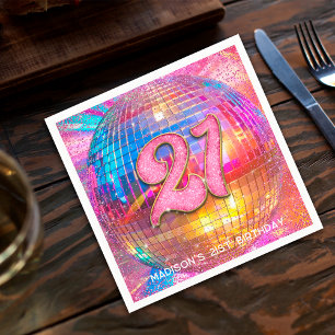 21st Birthday Party Gold Pink Glitter Disco Ball Napkin