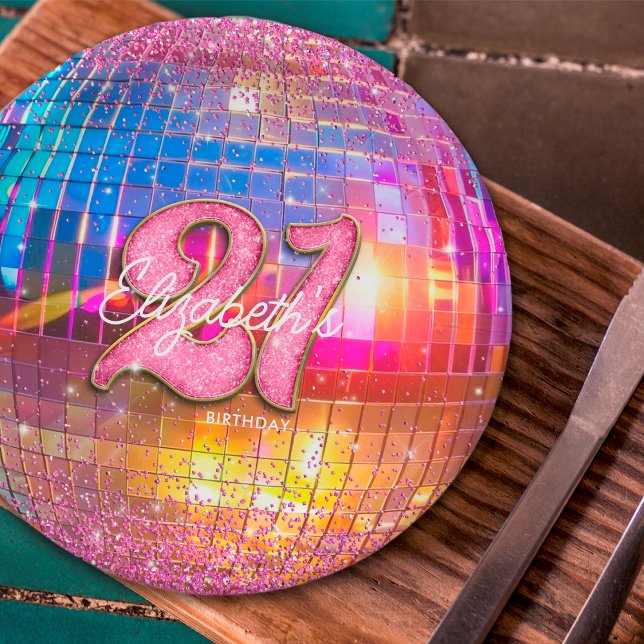 21st Birthday Party Gold Pink Glitter Disco Ball Paper Plate (Creator Uploaded)