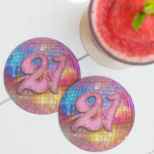 21st Birthday Party Gold Pink Glitter Disco Ball Round Paper Coaster