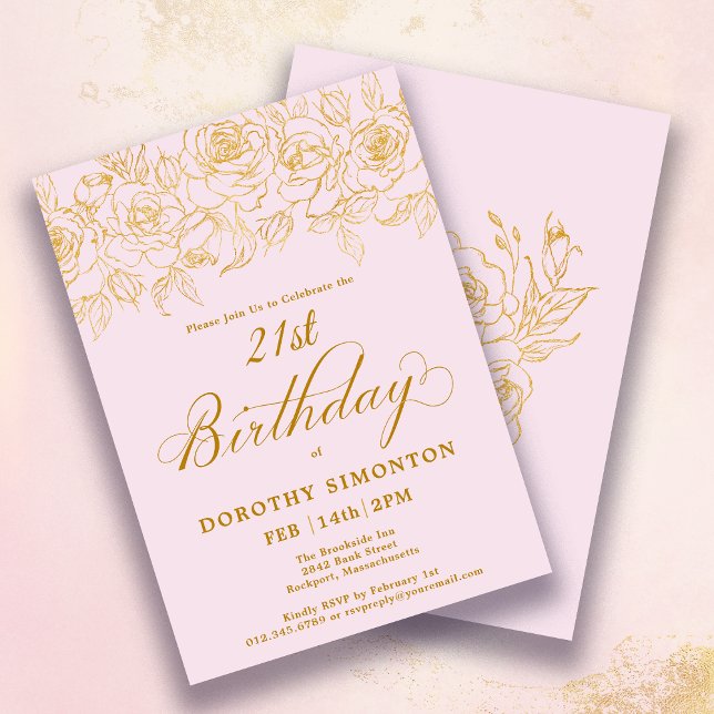 21st Birthday Party Gold Rose Floral Blush Pink Invitation (Creator Uploaded)