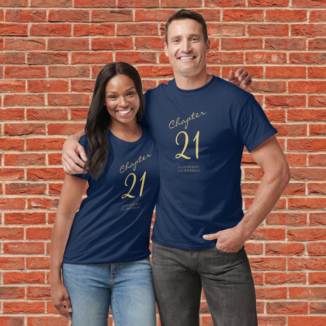 21st Birthday Party Gold Script Blue T-Shirt (Creator Uploaded)
