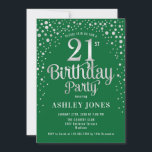 21st Birthday Party - Green & Silver Invitation<br><div class="desc">21st Birthday Party Invitation.
Elegant design in emerald forest green and faux glitter silver. Features stylish script font and confetti. Message me if you need custom age.</div>