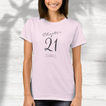 21st Birthday Party Grey Script Pink T-Shirt<br><div class="desc">Celebrate in style with this 21st Birthday party grey script pink T-Shirt! Whether you're gathering with family and friends or just having a small celebration, this stylish T-Shirt is perfect for the occasion! The classic design and comfortable fit are easily personalised with a name or hashtags for a truly unique...</div>