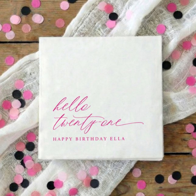 21st Birthday Party Hello 21 Modern Hot Pink Napkin (Pink hello 21 minimalist script 21st birthday party napkins)