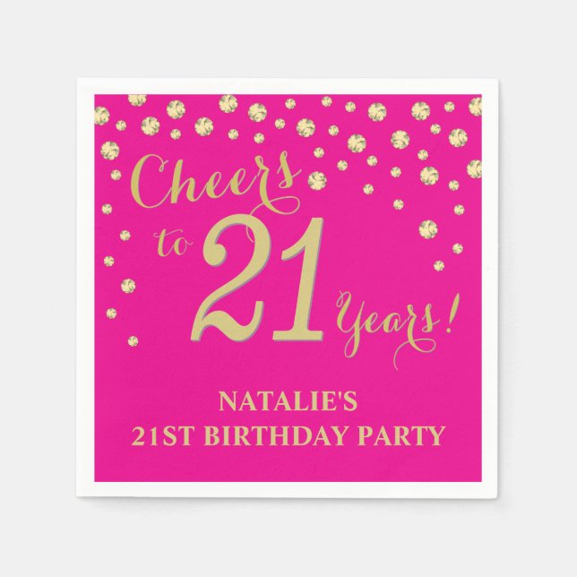 21st Birthday Party Hot Pink and Gold Diamond Napkin (Front)