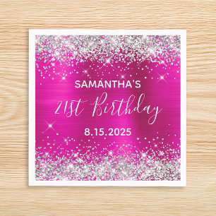 21st Birthday Party Hot Pink and Silver Glitter Napkin