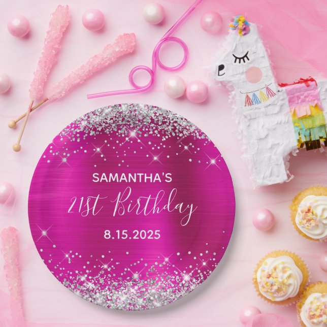 21st Birthday Party Hot Pink and Silver Glitter Paper Plate (Party)