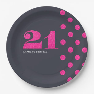 21st Birthday Party Hot-Pink glitter personalised Paper Plate