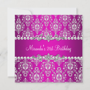 21st Birthday Party Hot Pink White Pearl Lace Invitation