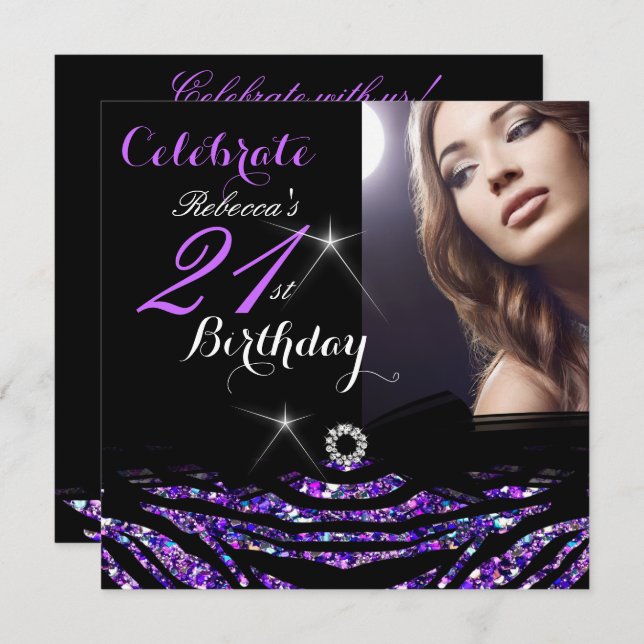 21st Birthday Party Hot Purple 21 Zebra Photo 4 Invitation (Front/Back)
