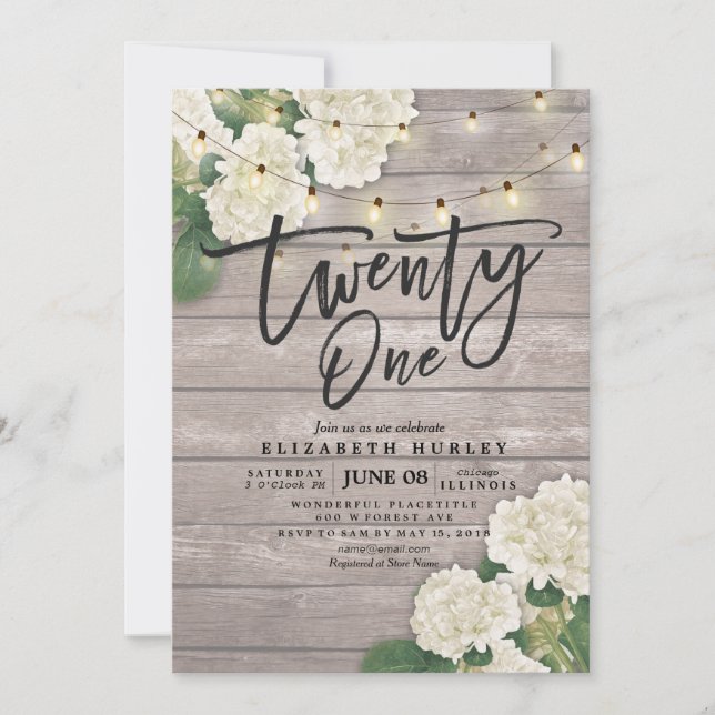 21st Birthday Party Hydrangea Flowers Lights Wood Invitation (Front)