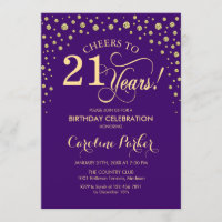 21st Birthday Party Invitation - Gold Purple