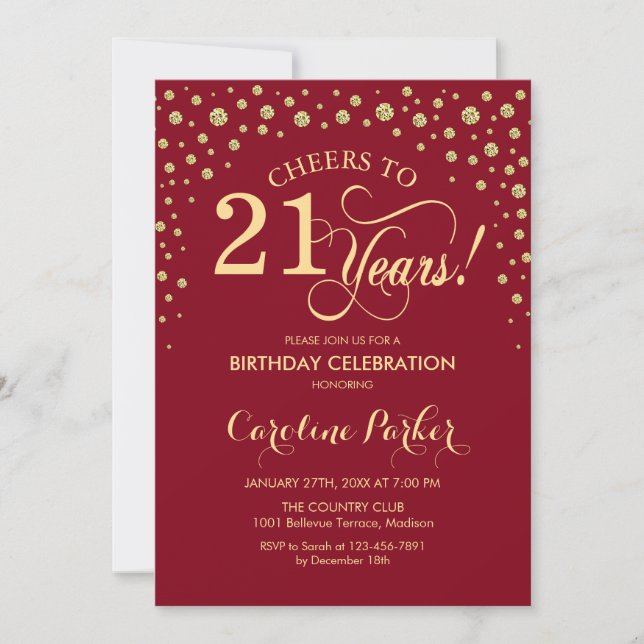 21st Birthday Party Invitation - Gold Red (Front)