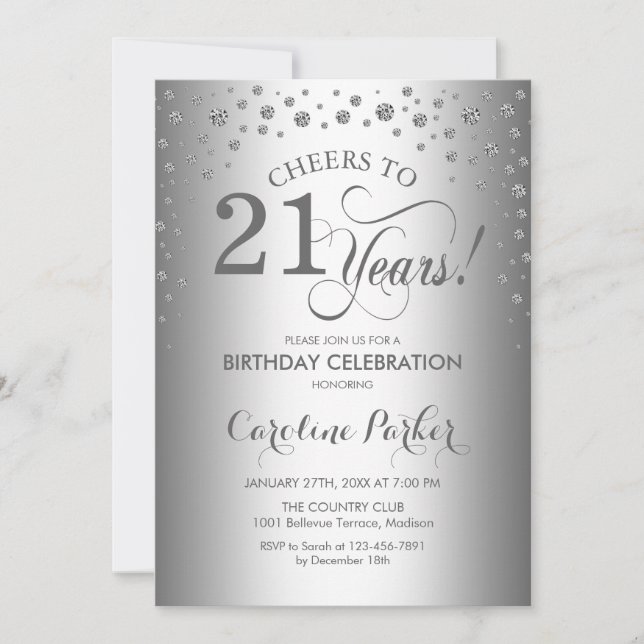 21st Birthday Party Invitation - Silver (Front)