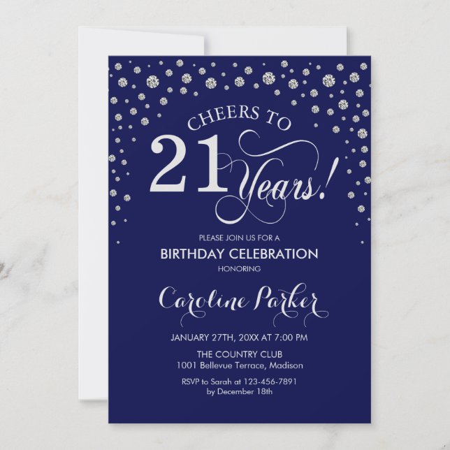 21st Birthday Party Invitation - Silver Navy Blue (Front)