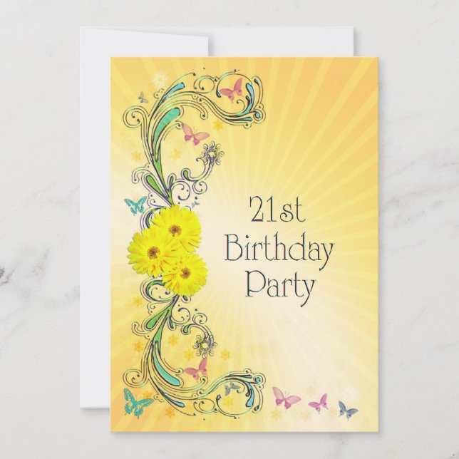 21st Birthday party Invitation with yellow flower (Front)