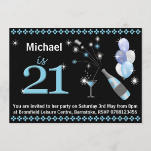 21st Birthday Party Invitations - Black & Blue