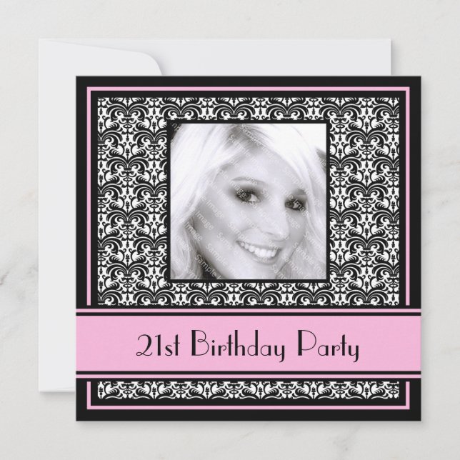 21st Birthday Party Invitations Damask Pink (Front)