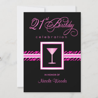 21st Birthday Party Invitations - Hot Pink Zebra