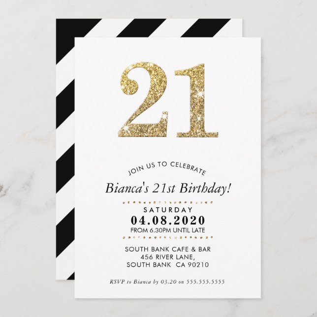 21ST BIRTHDAY PARTY INVITE modern gold glitter (Front/Back)
