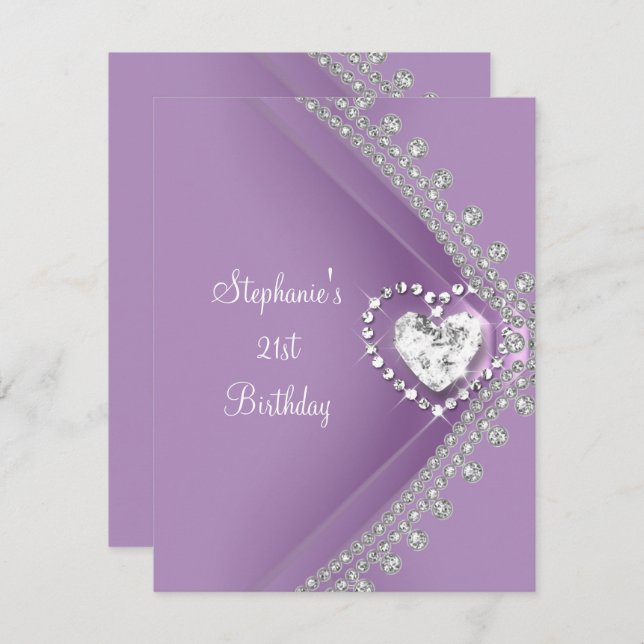 21st Birthday Party Lilac Heart Diamond Jewel Invitation (Front/Back)