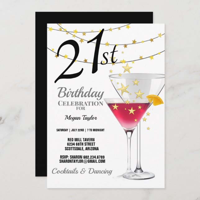 21st Birthday Party, Martini Glasses Gold Glitter Invitation (Front/Back)