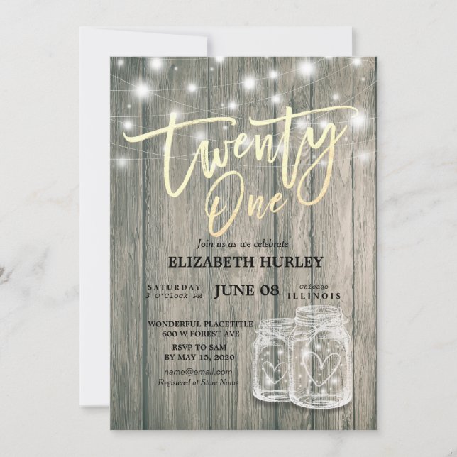 21st Birthday Party Mason Jars String Lights Wood Invitation (Front)