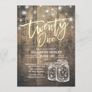 21st Birthday Party Mason Jars String Lights Wood Invitation