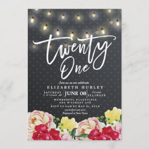 21st Birthday Party Modern Flowers String Lights Invitation
