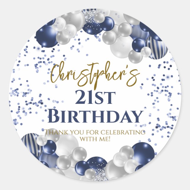 21st Birthday Party Navy Balloons Classic Round Sticker (Front)