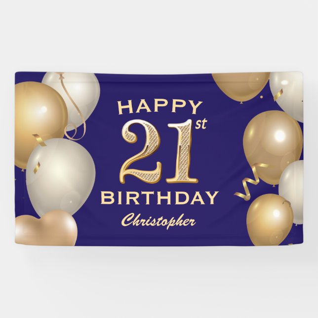 21st Birthday Party Navy Blue and Gold Balloons Banner (Horizontal)