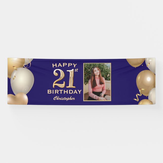 21st Birthday Party Navy Blue and Gold Balloons Banner (Horizontal)