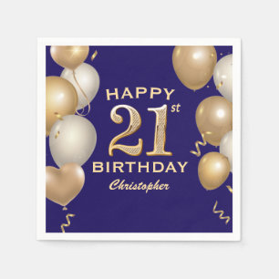 21st Birthday Party Navy Blue and Gold Balloons Napkin