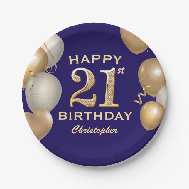 21st Birthday Party Navy Blue and Gold Balloons Paper Plate (Front)