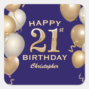 21st Birthday Party Navy Blue and Gold Balloons Square Sticker