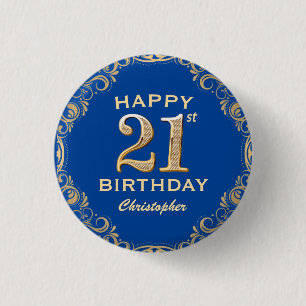 21st Birthday Party Navy Blue and Gold Glitter 3 Cm Round Badge