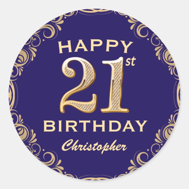 21st Birthday Party Navy Blue and Gold Glitter Classic Round Sticker (Front)