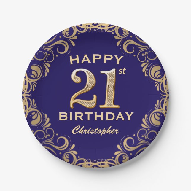 21st Birthday Party Navy Blue and Gold Glitter Paper Plate (Front)