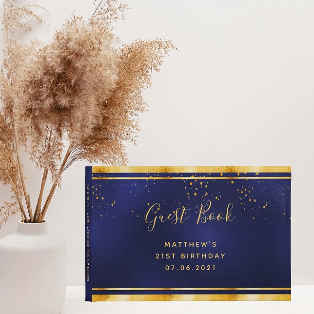 21st Birthday Party navy blue gold confetti Guest Book (Creator Uploaded)
