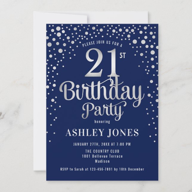 21st Birthday Party - Navy & Silver Invitation (Front)