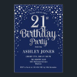 21st Birthday Party - Navy & Silver Invitation<br><div class="desc">21st Birthday Party Invitation.
Elegant design in dark navy blue and faux glitter silver. Features stylish script font and confetti. Message me if you need custom age.</div>